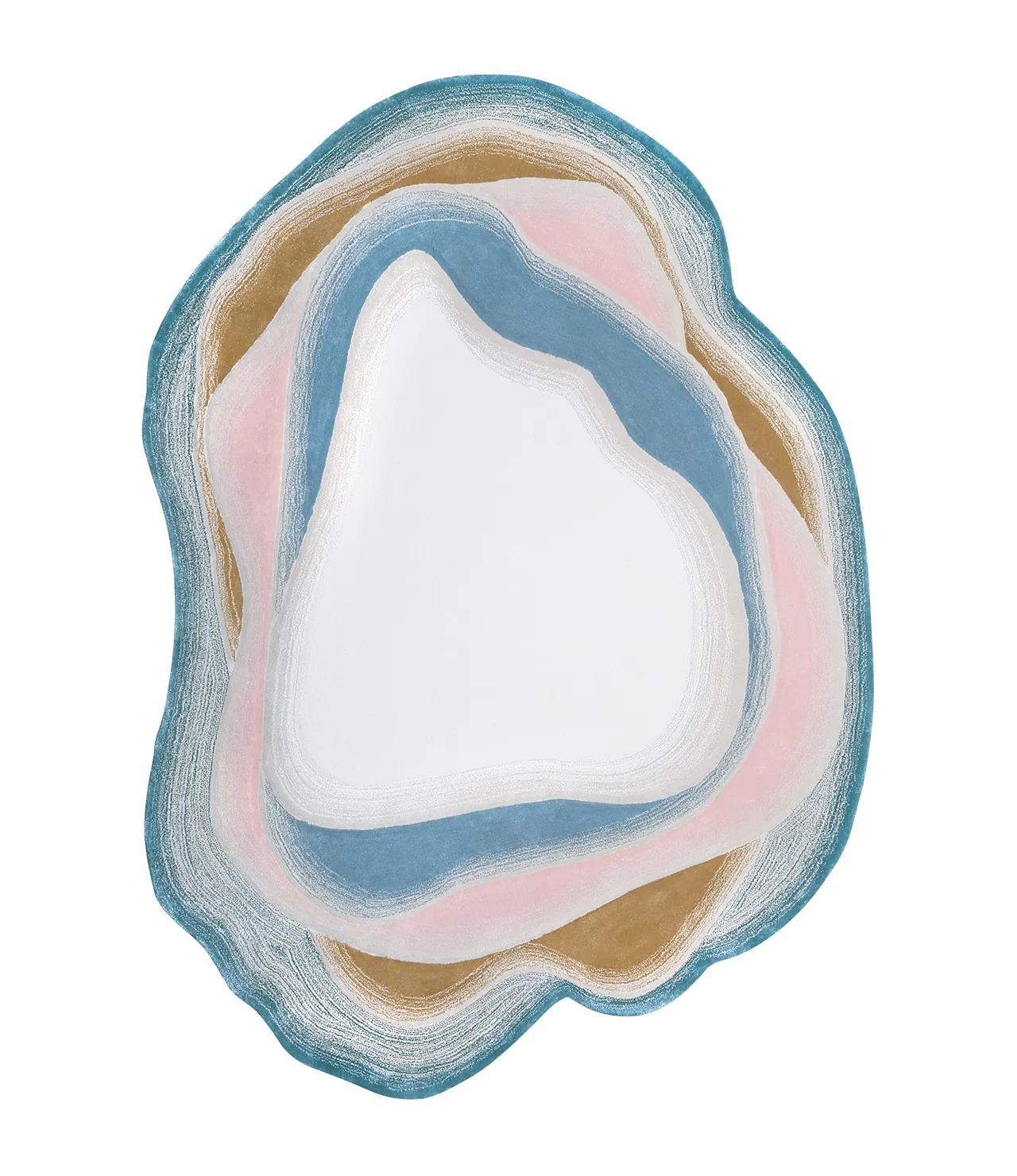 Abstract organic-shaped rug with layered contours in white, blue, pink, and gold colors on a white background.